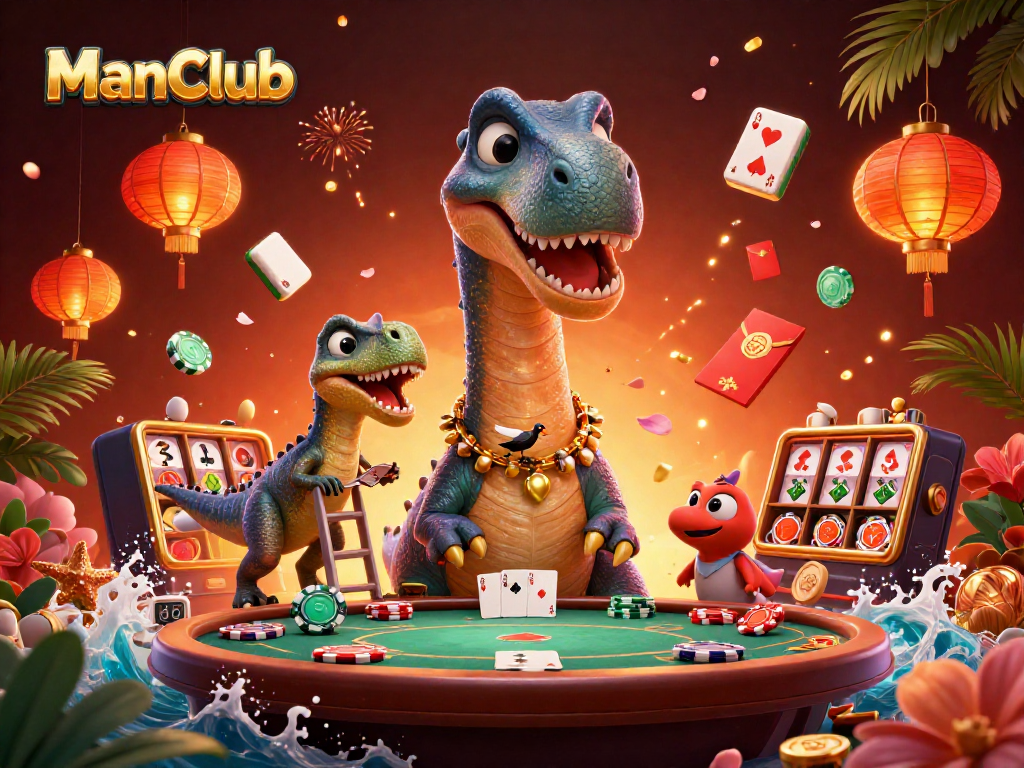 ManClub gamers strategizing at a lively poker table with vivid casino elements illuminated.