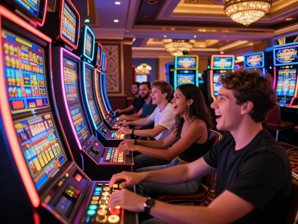 Players celebrating wins while engaging with SLOT machines in a lively casino atmosphere