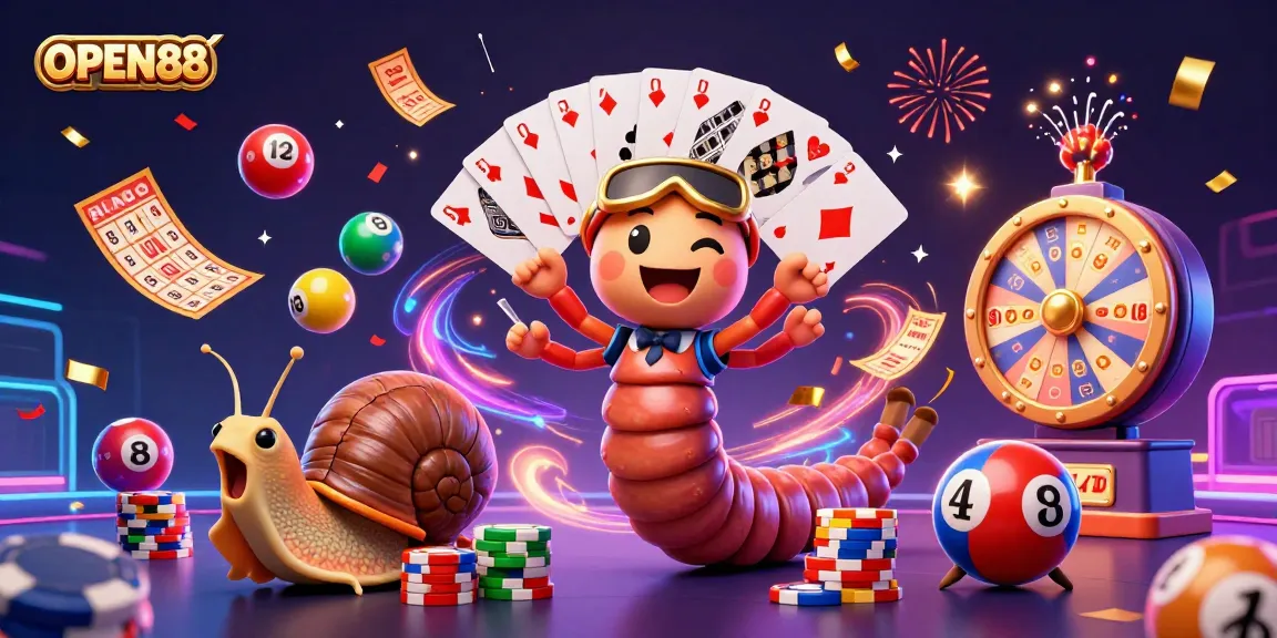 OPEN88 brings excitement with a vibrant scene featuring a dealer and high-roller amid dynamic lottery elements and celebratory effects.