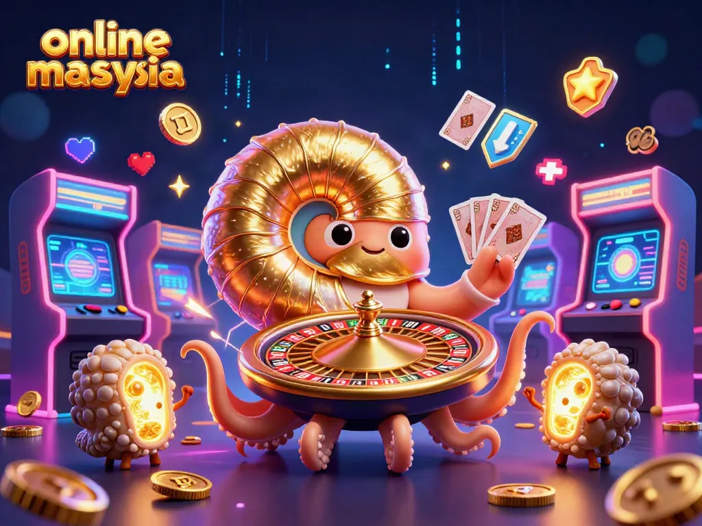 Engage in thrilling gameplay at the online casino Malaysia with a vibrant 3D scene featuring a glowing nautilus roulette wheel.