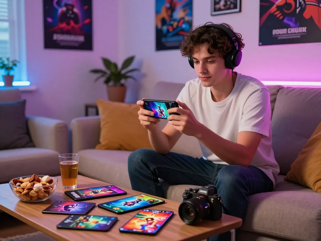 Mobile porn game being played by a young man on his smartphone in a cozy living room with vibrant atmosphere.