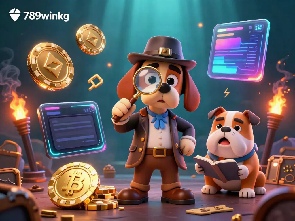 Engage with 789winkg's thrilling gaming scene featuring a detective and bulldog seeking treasures.