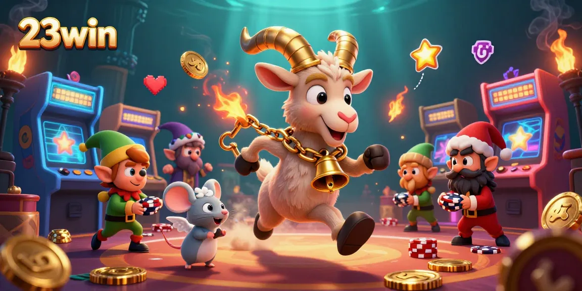 Engage with 23win's interactive holiday-casino scene featuring festive characters stealing poker chips.