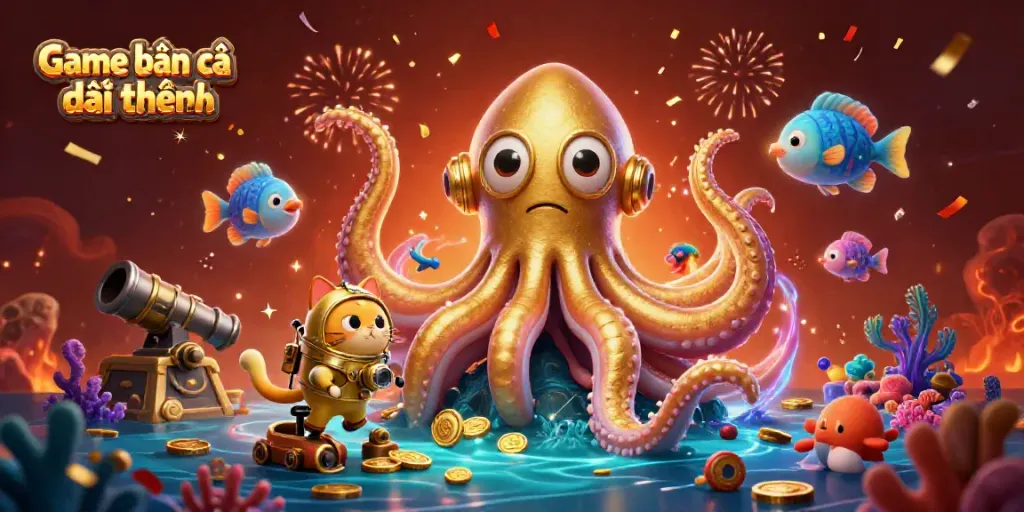Experience thrilling action in Game bắn cá đổi thưởng with vibrant sea creatures and a colossal kraken.