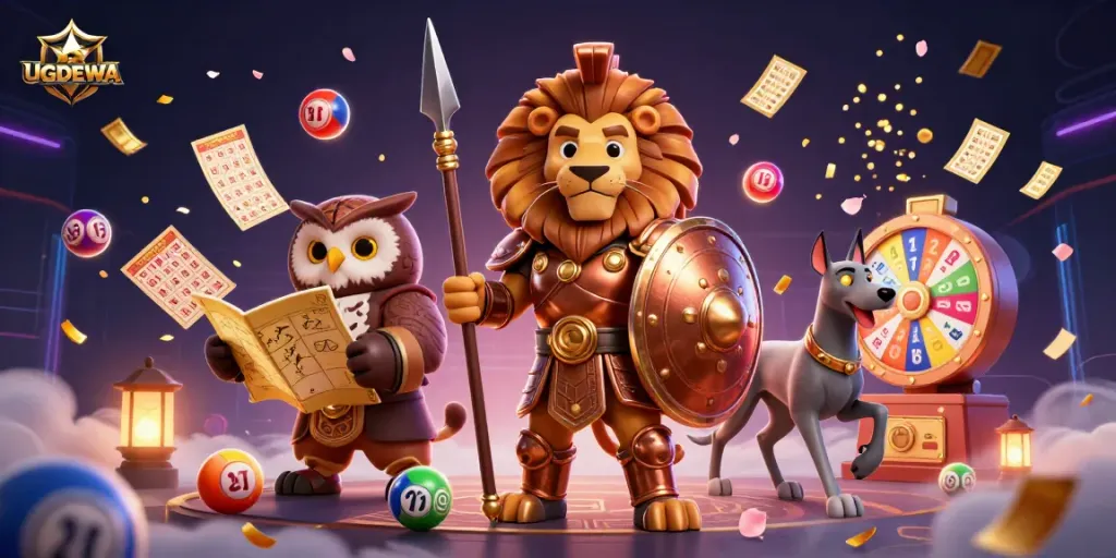 Engage with UGDEWA's vibrant lottery gaming scene featuring a Spartan lion, tactical owl, and a swift greyhound