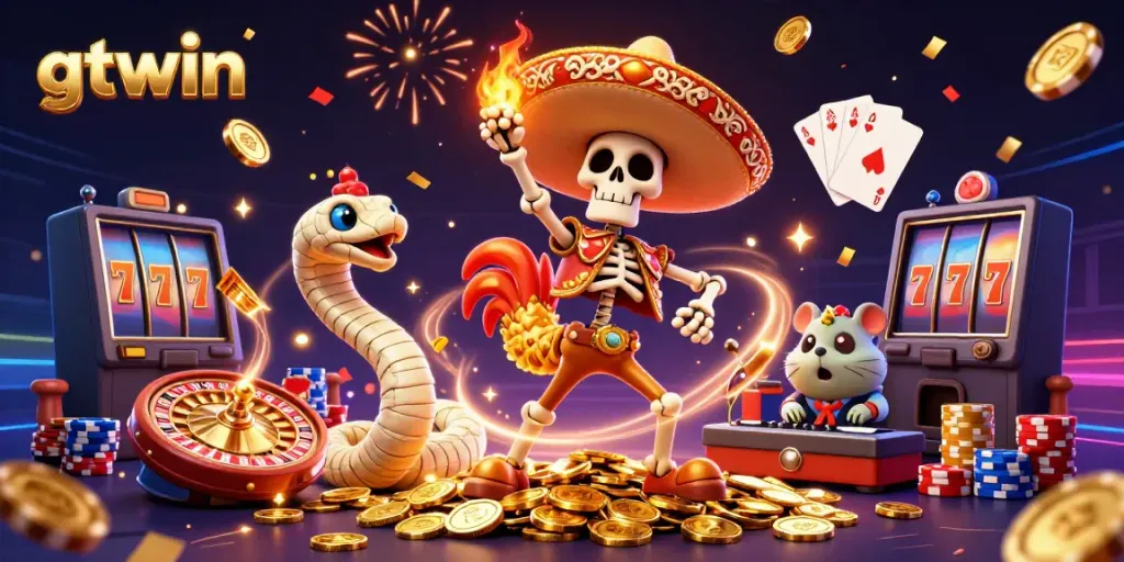 Engage in thrilling moments with gtwin casino, featuring festive characters dancing over golden coins amidst vibrant casino elements.