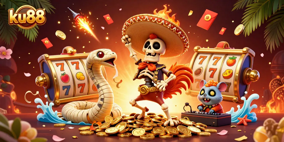 Experience exciting wins at ku88 with vibrant characters celebrating casino victories amid swirling fortunes.