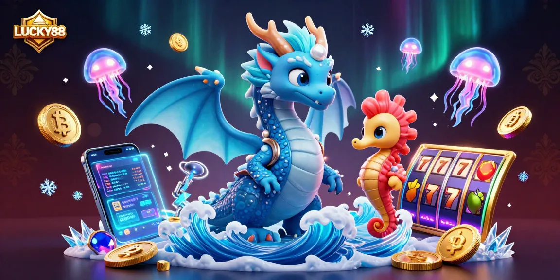 LUCKY88 captures the excitement of slot games with a vibrant 3D casino scene featuring a dragon and knight.