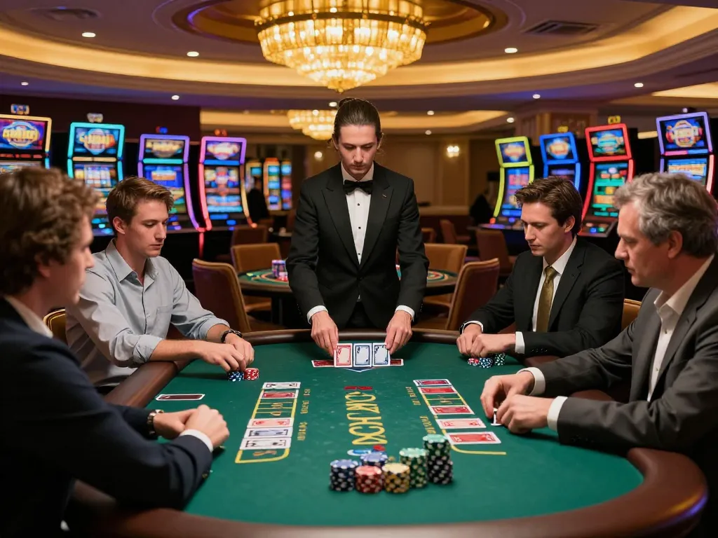 Players enjoying an intense blackjack game at vipwin79 casino, showcasing strategic gameplay.