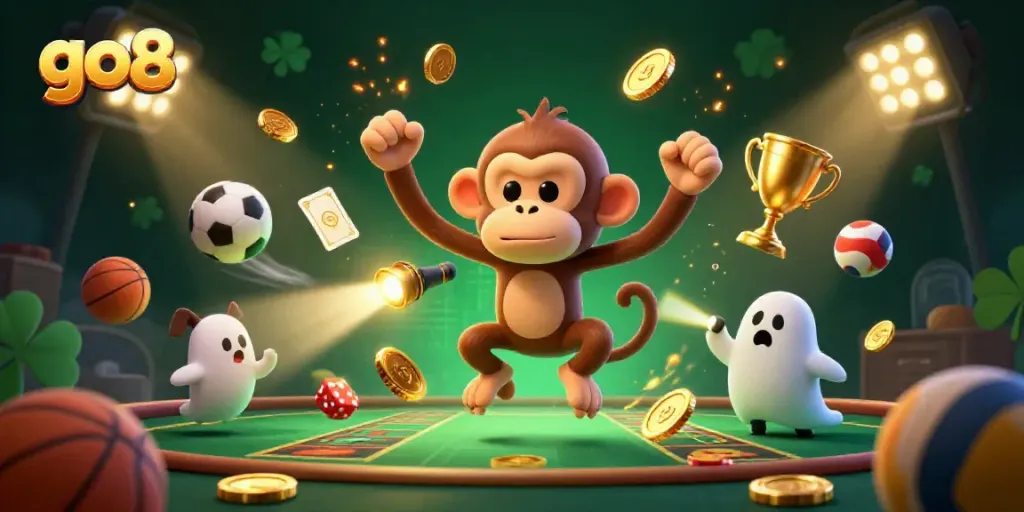 Experience the thrill of go8 with a dynamic 3D casino scene featuring a mischievous poltergeist monkey and a ghost-hunter puppy.
