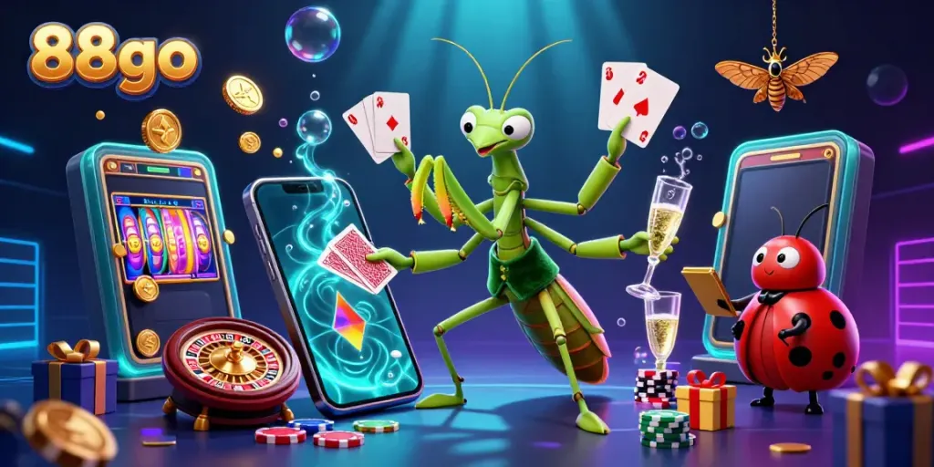 88go showcases a vibrant gambling scene with a giant praying mantis dealer and colorful gaming elements.