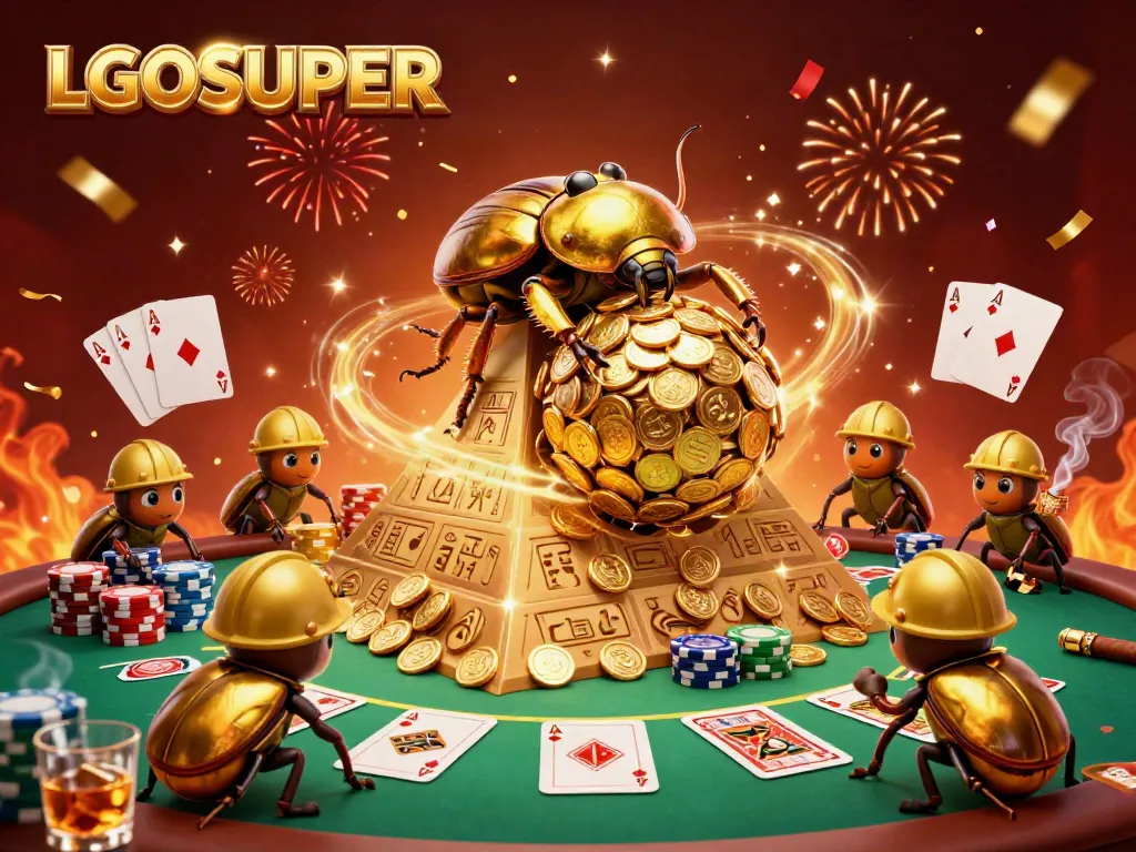 Experience the excitement of LGOSUPER with a golden beetle symbolizing wealth and gambling, showcasing vibrant casino elements.