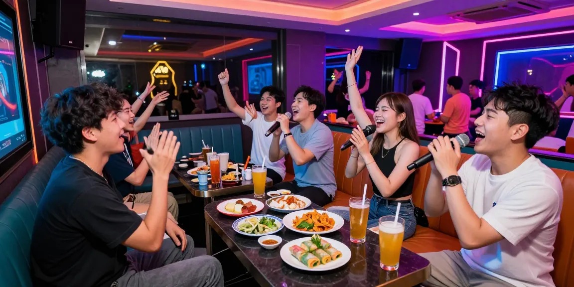 다낭 가라오케에서 친구들과 즐거운 시간을 보내는 모습, 화려한 조명과 현대적 인테리어가 특징인 공간