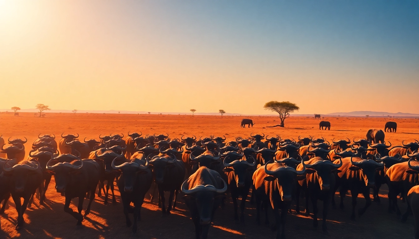 Herd of wildebeest in motion during the Wildebeest migration safari at sunset.