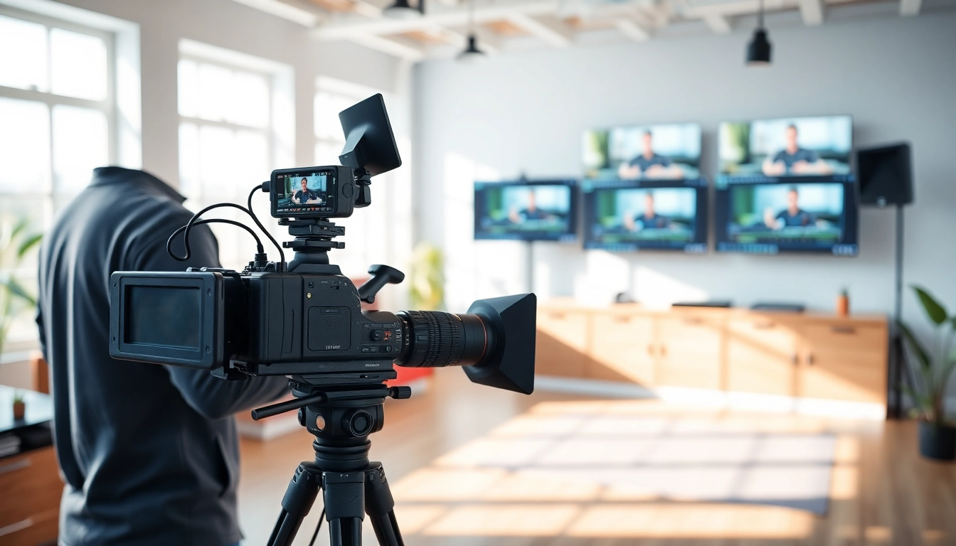 Editing engaging training videos with professional equipment in a modern studio.