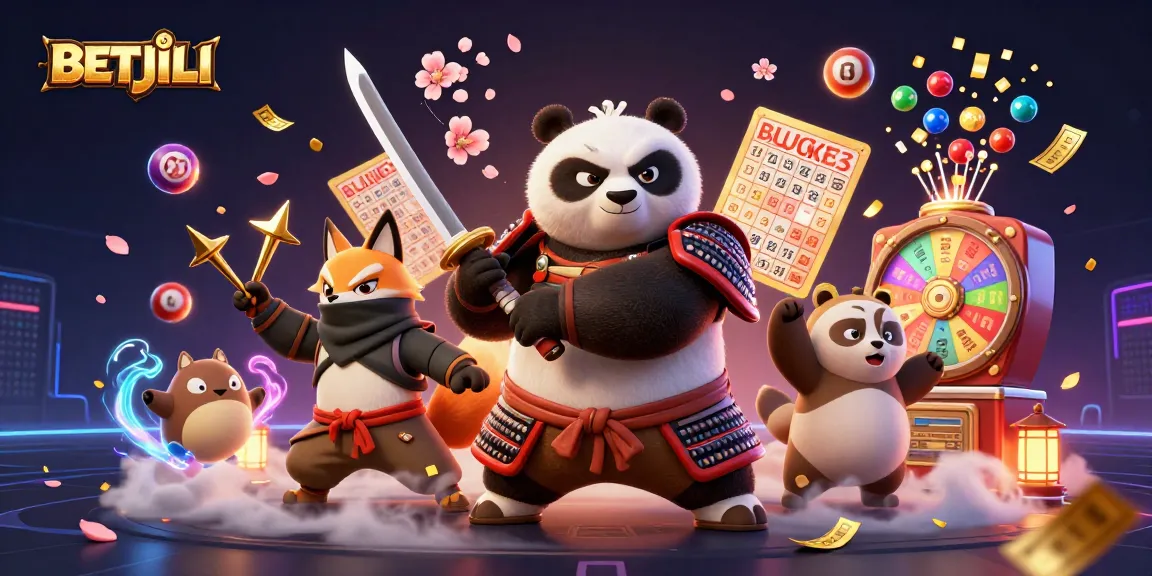 Engage with BETJILI featuring a samurai panda and ninja fox amidst lottery excitement, perfect for online gaming.