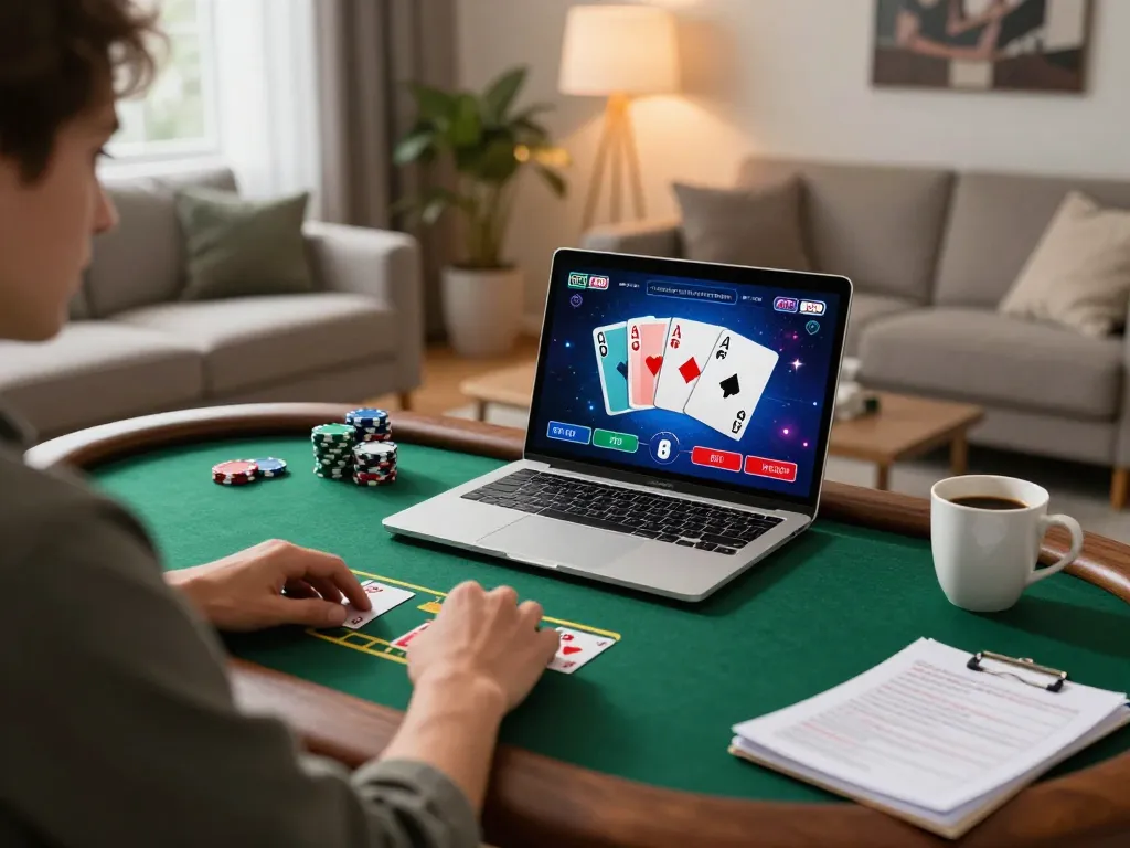 Engaging in poker on 789win with a laptop in a stylish home setting.