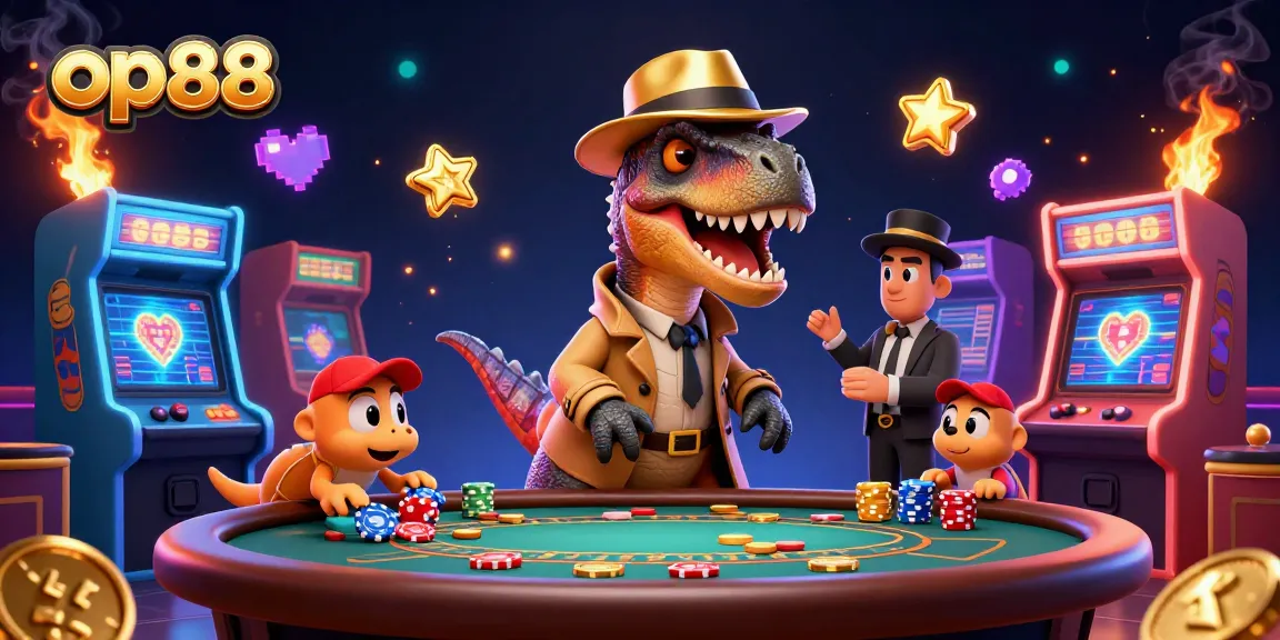 Place your bets with op88 while the velociraptor attempts stealthy plays at a vibrant blackjack table.