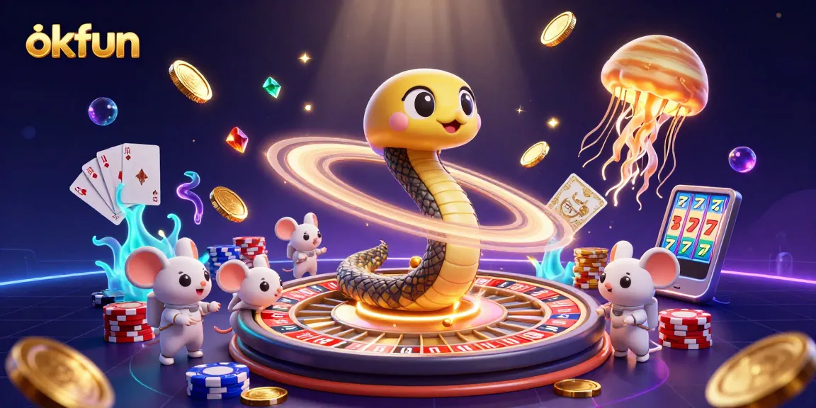 Place bets at okfun's cosmic casino with a Saturn ring snake and astronaut mice, showcasing vibrant gaming action.