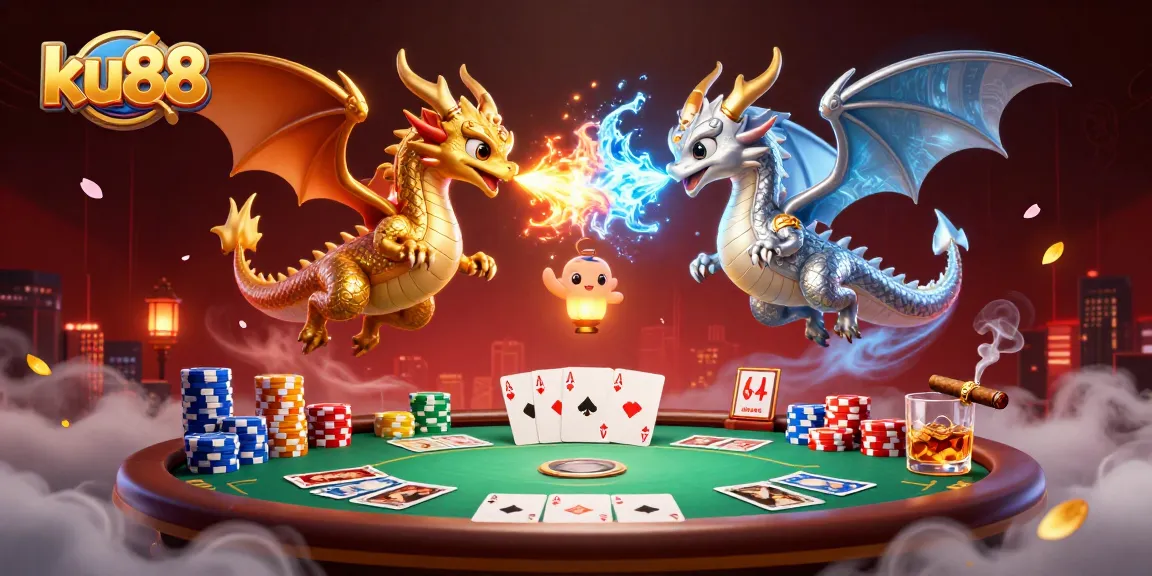 Engage with an exciting ku88 poker scene featuring dynamic dragons and casino elements.