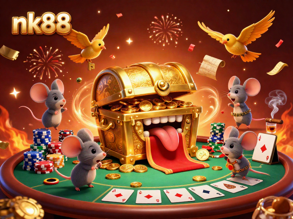 Experience adventure and excitement in nk88's vibrant casino world with playful mice and treasures.