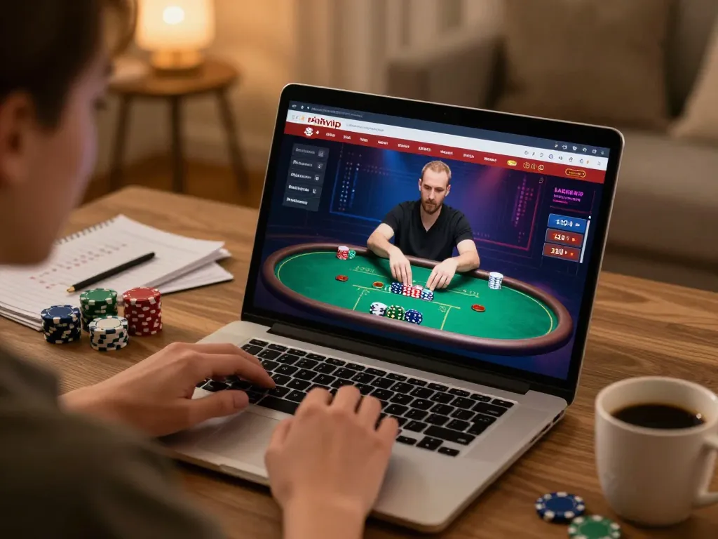 Player enjoying online poker at rikvip with cozy setup and betting strategy notes
