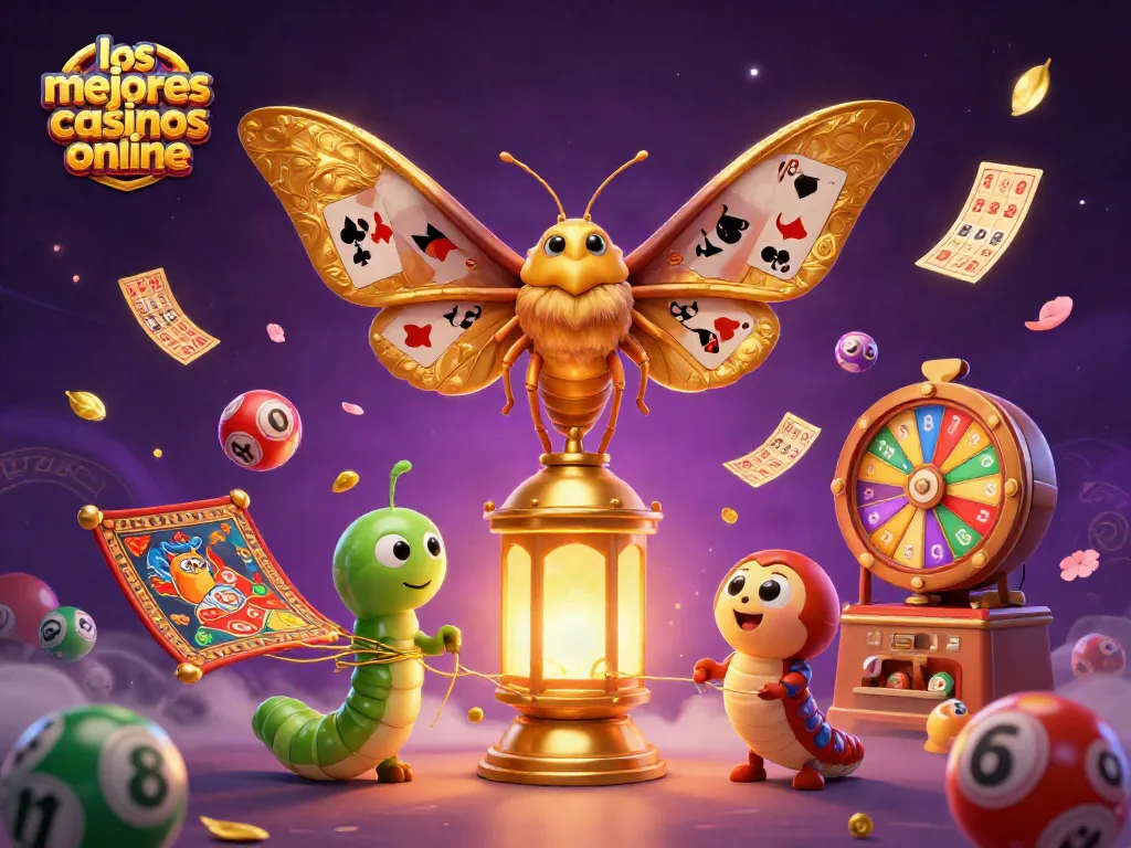 Ilustra escena vibrante de los mejores casinos online con mariposa y elementos de juego.
