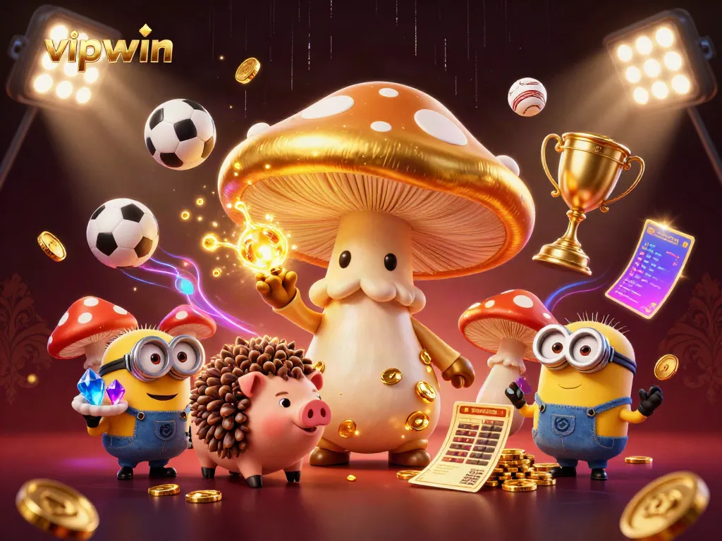 Win big at vipwin with a magical golden wizard surrounded by treasures, casino elements, and sports excitement.