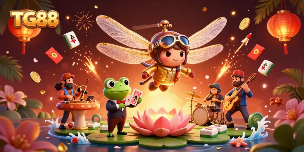 Engage in exciting gameplay at TG88 with a lively 3D casino scene of a dragonfly pilot and frog croupier.