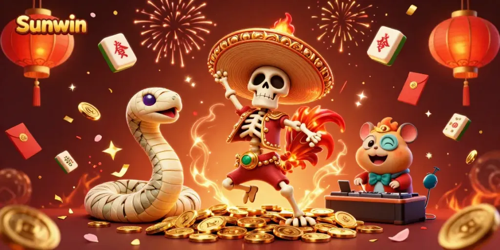 Experience thrilling casino gaming with Sunwin, featuring a festive 3D scene of celebration and winnings.