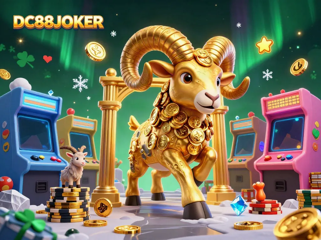 Engage with thrilling gameplay at DC88JOKER, featuring a dynamic 3D golden ram charging through casino elements.