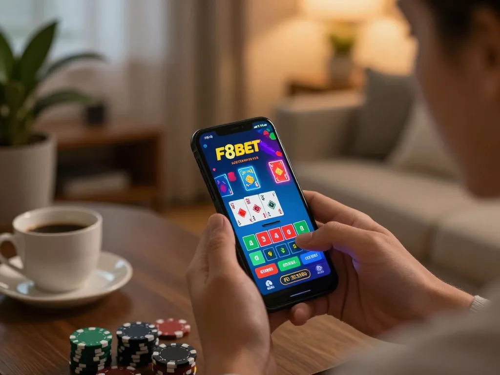Engaging in live dealer action on F8bet while relaxing at home, emphasizing online gaming experience.