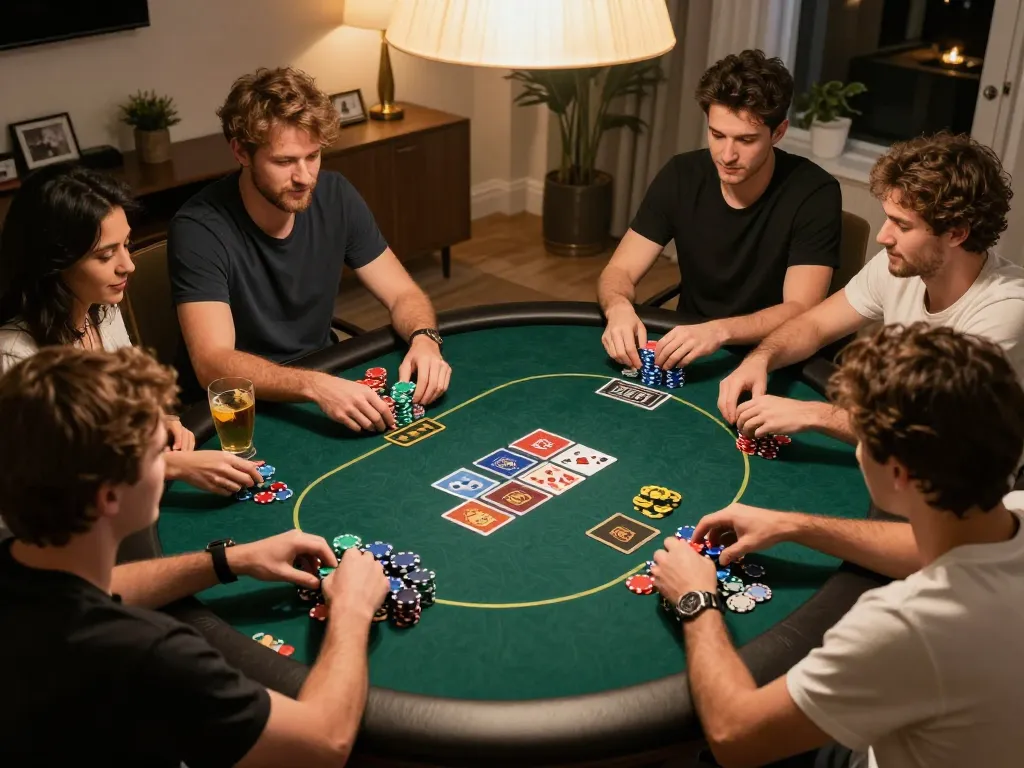 789bet players enjoying an intense poker game night at home with chips and cards.