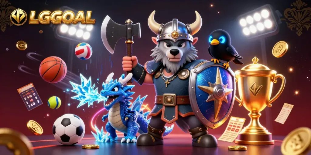 Engage in thrilling gameplay with LGOGOAL's vibrant 3D casino scene featuring a Viking wolf warrior, ice-breathing dragon, and dynamic sports elements.