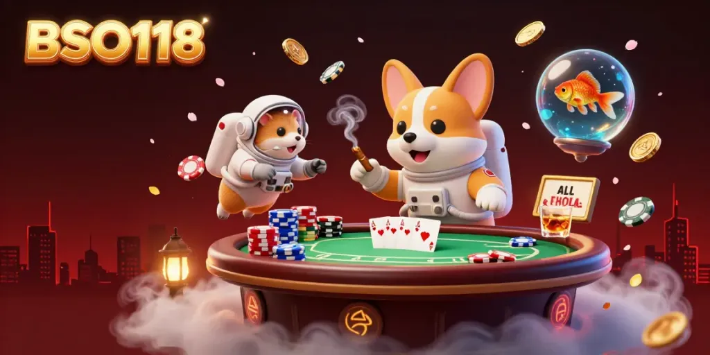 Watch the adorable BSO118 astronaut corgi floating in a bustling casino with poker chips and coins.