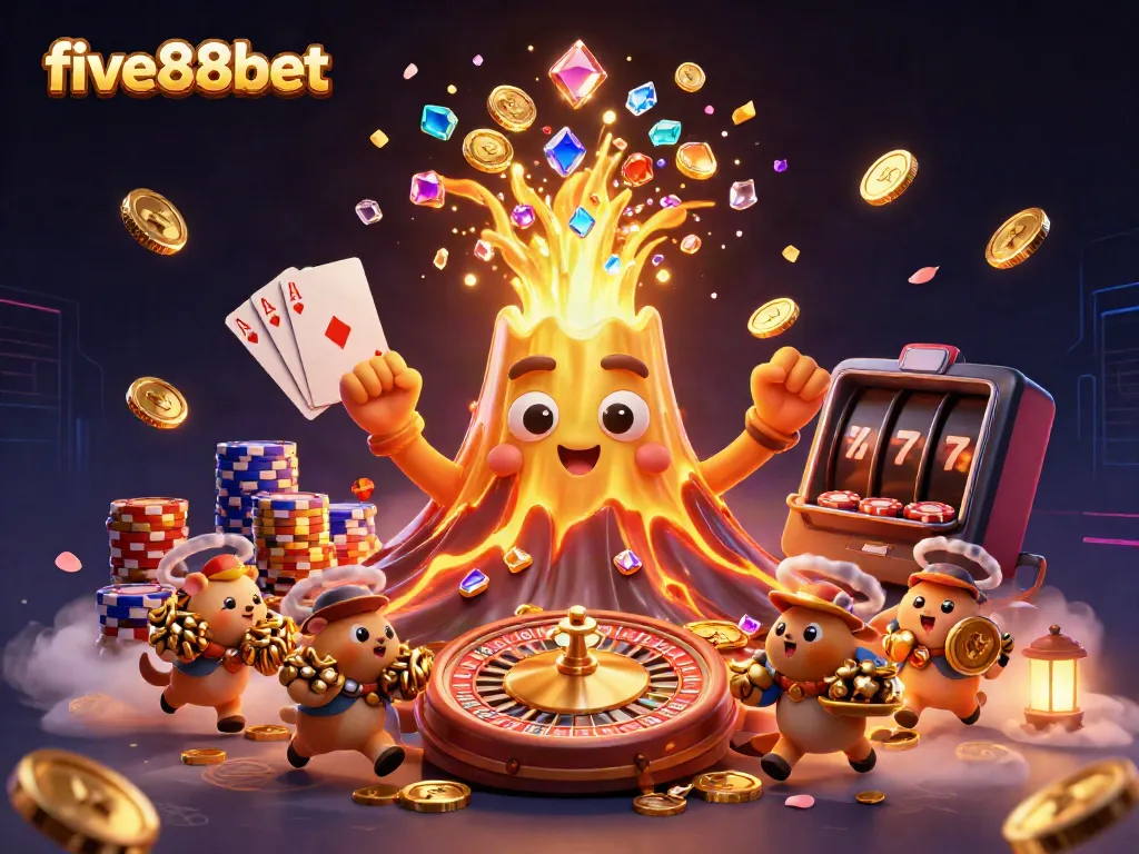 Experience the thrill of five88bet with golden volcano erupting coins, gems, and treasures.
