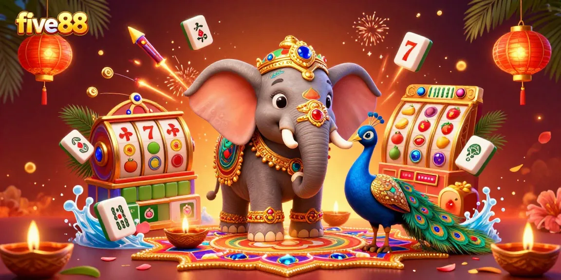 Experience the excitement of five88 with a vibrant casino-themed illustration featuring a colorful elephant and peacock.