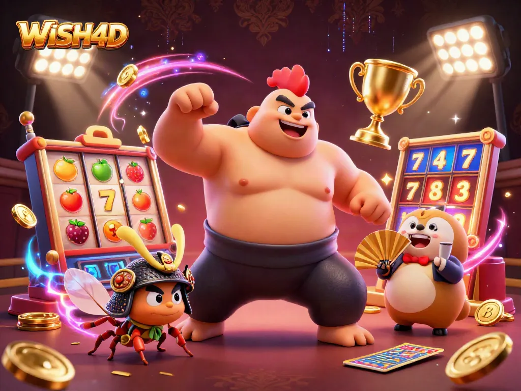 Engage in the thrilling experience of WISH4D with vibrant 3D visuals showcasing dynamic slot elements.