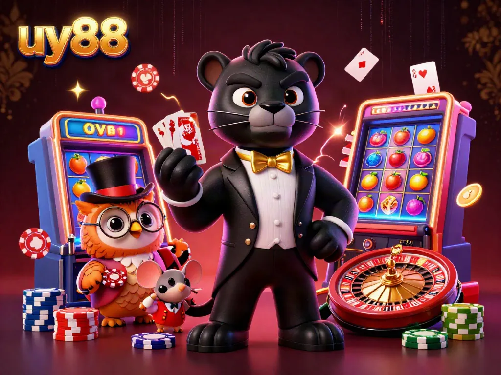 Experience the excitement at uy88 with a stylish panther dealing cards among vibrant slots and casino games.