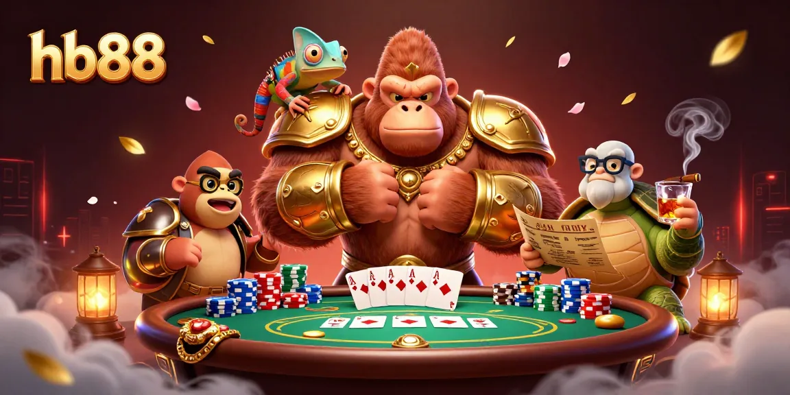 Experience hb88 action in a vibrant casino scene with a gorilla king and poker elements.