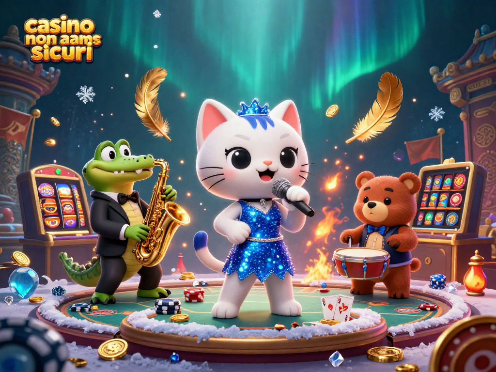 Il jazz-singer cat in un vestito blu canta nel casino non aams sicuri tra un coccodrillo e un orso cubo.