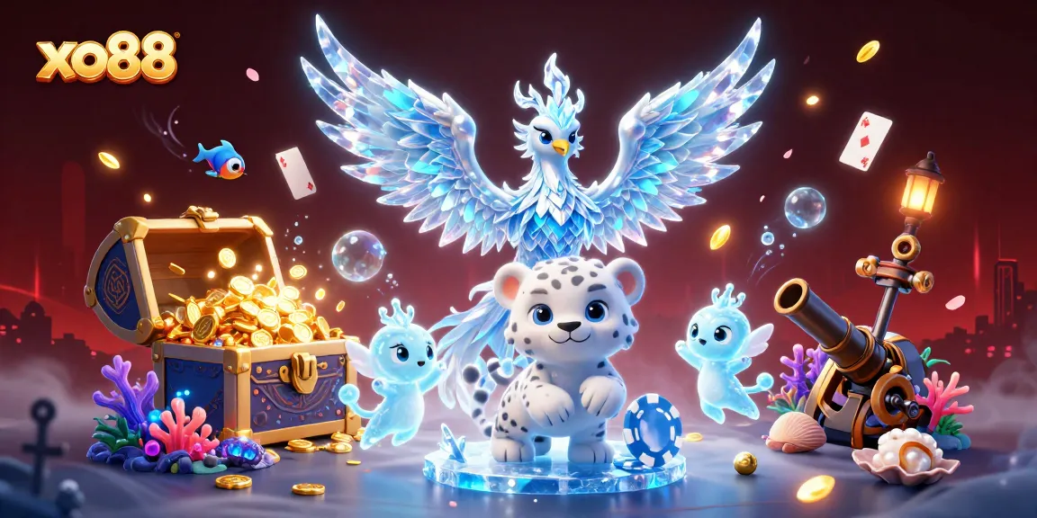 Bet on exciting games at xo88 with a magical scene featuring an ice phoenix, a snow leopard, and playful sprites.