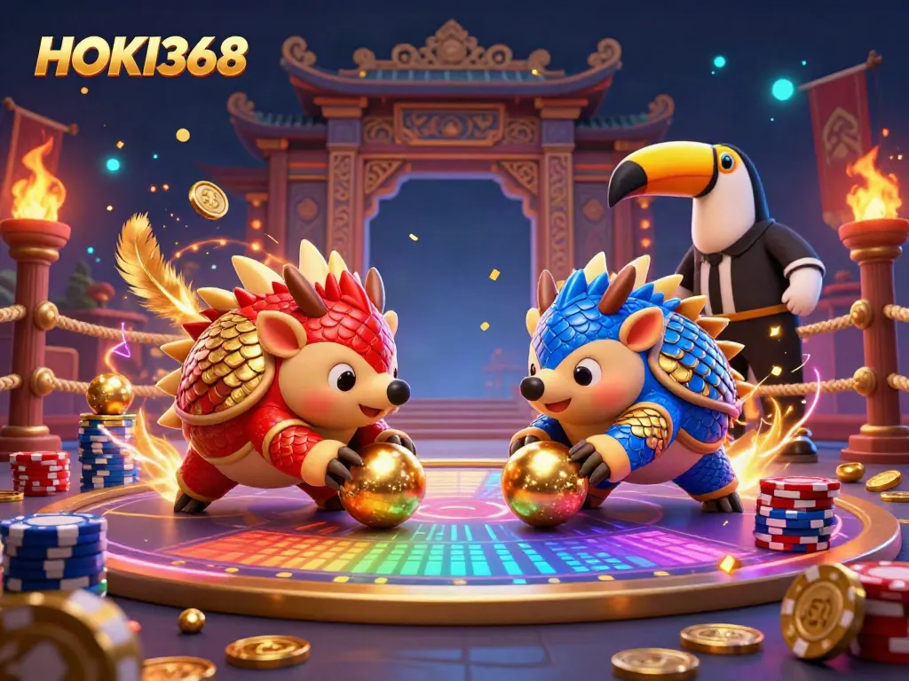 Experience thrilling gameplay with HOKI368 as pangolins compete in a vibrant casino setting.