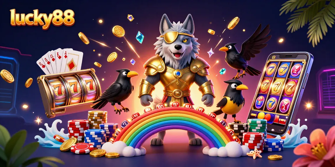 Win big with lucky88 at a dynamic casino scene featuring Odin and his ravens amidst slot reels and golden surprises.