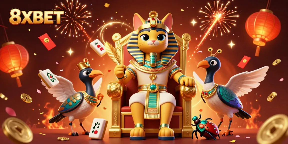 Engage with thrilling games at 8XBET featuring rich illustrations of Egyptian-themed characters and vibrant casino elements.