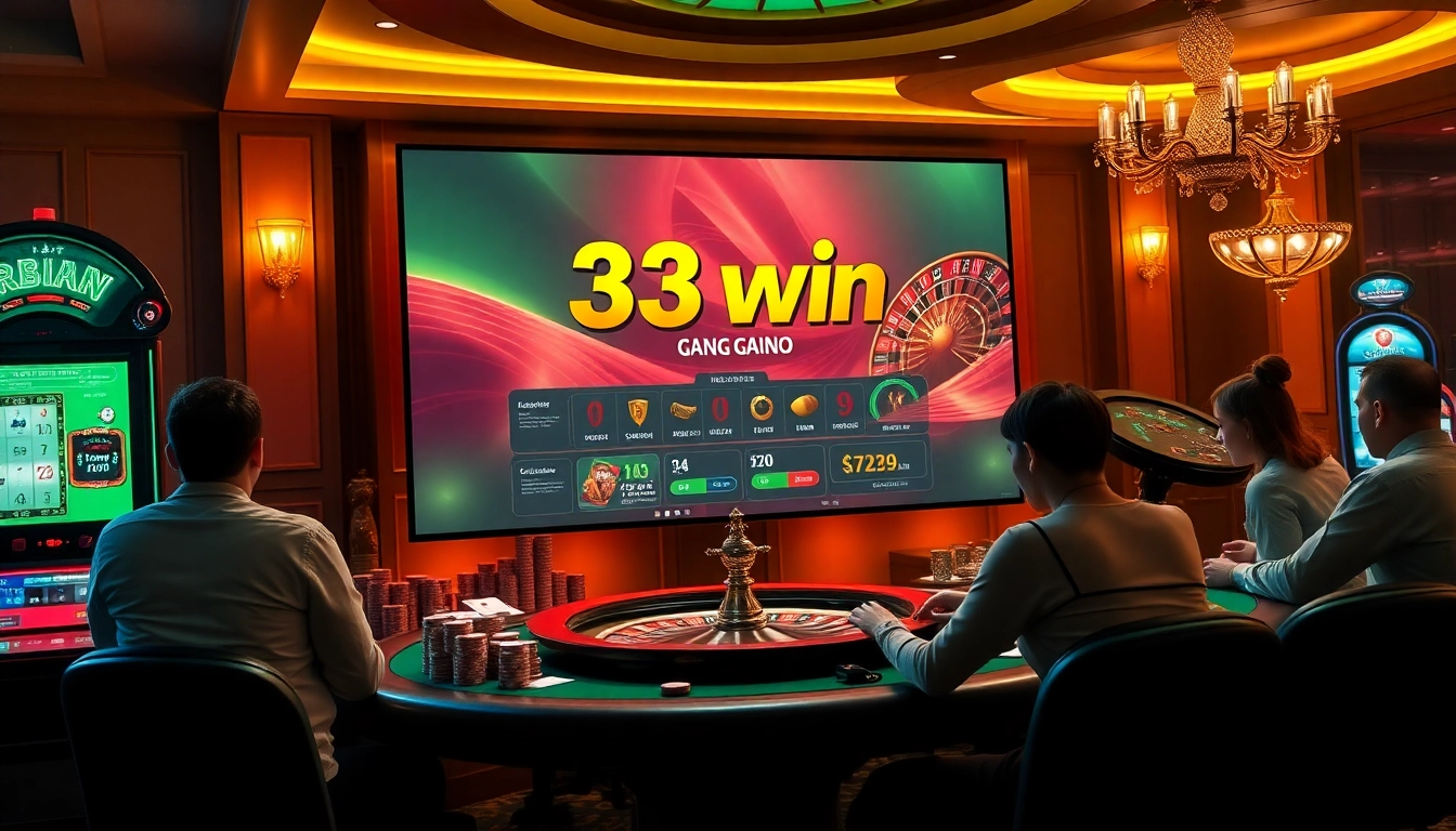 Cổng game 33win interface featured in a luxurious casino setting with poker chips and a roulette wheel.