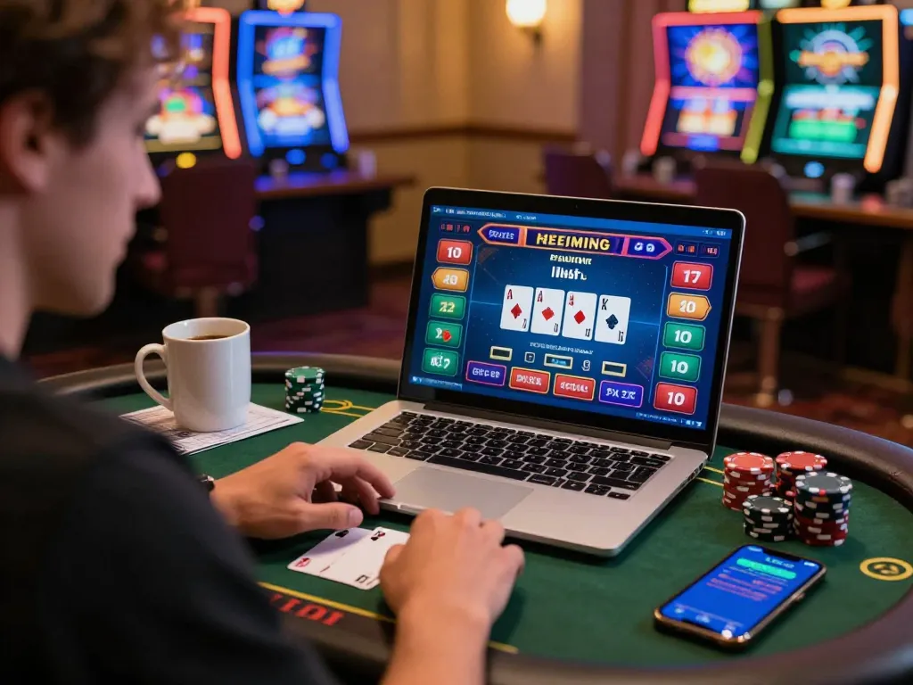 Engaging online blackjack session showcasing no hu on a laptop at home with strategy notes.