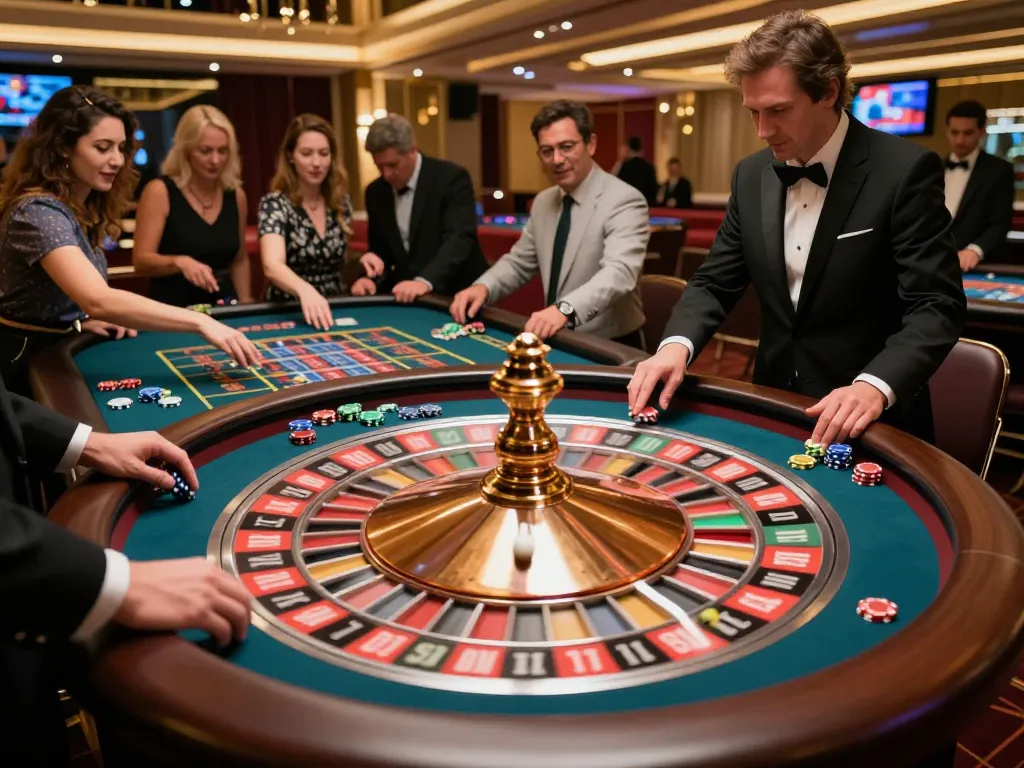 Players engaging at a roulette table, showcasing thrilling j88 gameplay in a vibrant casino atmosphere