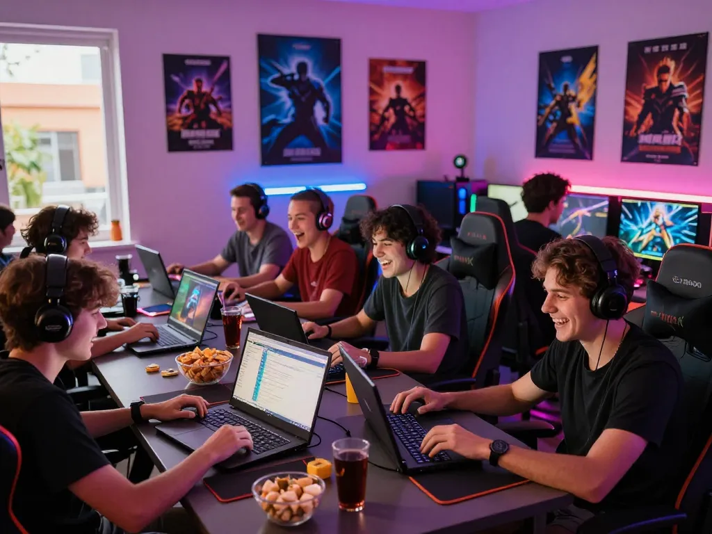 Cổng game Rikvip - friends enjoying a lively gaming session in a colorful room.