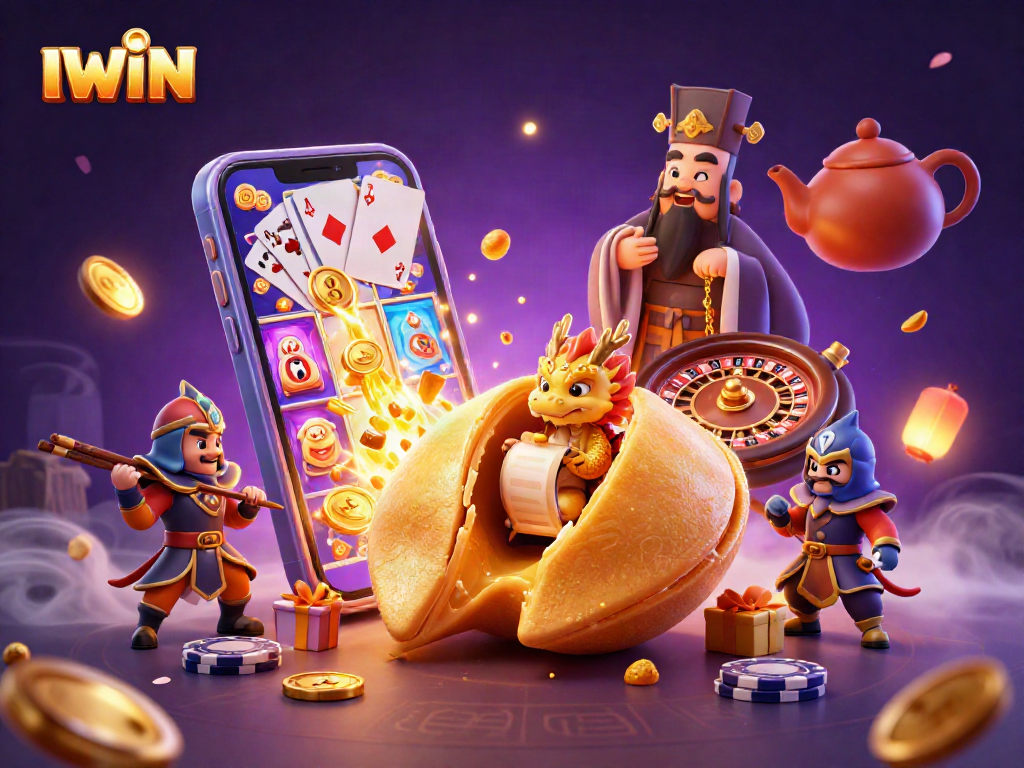 IWIN showcases a vibrant 3D scene with golden fortune elements and dynamic gaming symbols.